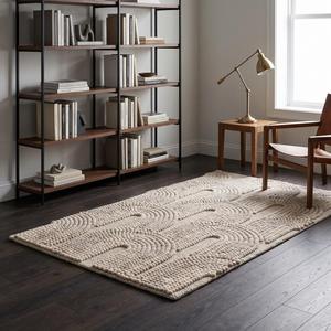 Tapis d'intérieur en laine beige crème tissé à la main, motif géométrique moderne, boucles épaisses, antidérapant, à poils moyens, avec envers en toile de coton - Product Image 4