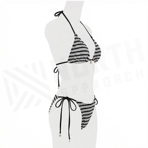 Women Striped Knitted <b>Bikini</b> <b>Set</b> Halter Neck <b>Triangle</b> Top Tie Side Bottom Swimwear Two Piece Beachwear - Product Image 3