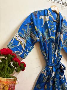 Bata Kimono de Algodón con Estampado Floral para Mujer, Ligera, Cuello en V, Cierre con Cordón, Largo hasta el Tobillo, Manga 3/4, Transpirable, de Lujo - Product Image 3