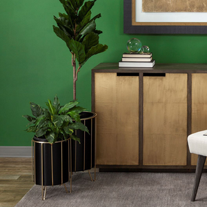 Ensemble de pots de fleurs en métal noir avec bordure dorée et support élégant, pots de fleurs décoratifs modernes pour plantes d'intérieur, salon, bureau - Product Image 5
