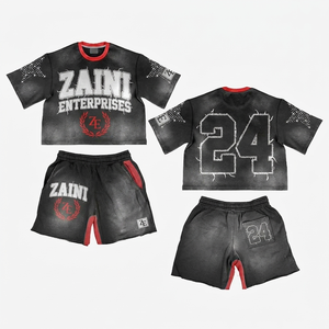 เสื้อยืดแขนสั้นพร้อมกางเกงเซ็ตผู้ชาย รุ่นพรีเมียม ZAINI ZI-020 ผ้าเฟรนช์เทอร์รี่ 280GSM โพลีเอสเตอร์ 100% สีดำแดง แต่งแถบสีตัดกัน ลายนูน ปักลาย - Product Image 1