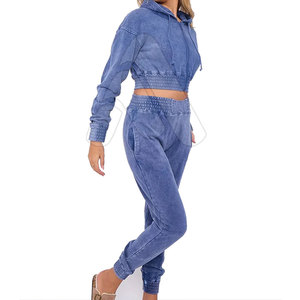 Conjunto de 2 piezas de algodón 100% para mujer: Sudadera con capucha y pantalón largo, estilo casual, lavado ácido, transpirable y ecológico. - Product Image 3