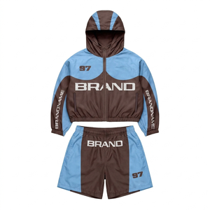 Ensemble coupe-vent court pour femme, 110 GSM, polyester léger Taslon, design à panneaux bleu et marron, logo personnalisé par transfert thermique, grandes tailles - Product Image 1