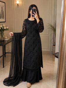 Black Embroidered Net Kurta Palazzo Set Indian Pakistani Ethnic <b>Suit</b> - Product Image 6