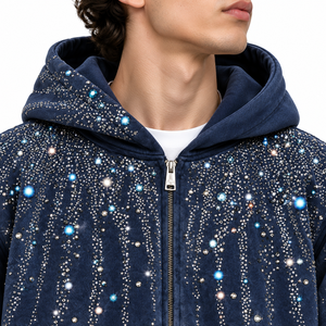 Men's Rhinestone <b>Zip</b> <b>Up</b> <b>Hoodie</b> Vintage Washed Navy Blue <b>Fleece</b> Streetwear Sweatshirt Custom Crystal Embellished <b>Hoodie</b> - Product Image 5