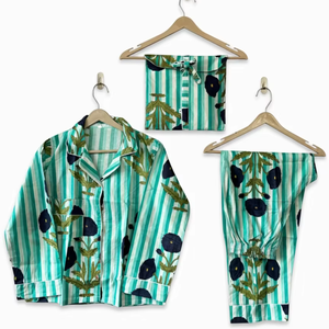 Conjunto de Pijama de Mujer con Rayas Verticales Florales, Ropa de Dormir de Algodón, Elegante Traje de Noche a Rayas, Camisa y Pantalones de Secado Rápido, Largo Completo - Product Image 1