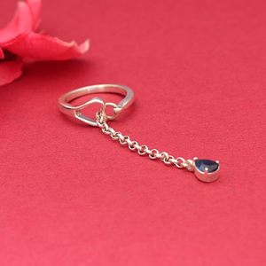 Handmade Silver <b>Ring</b> W/ Chain & Sapphire Unique & Elegant Design 925 Sterling Silver Jewellery for Women and Girls Wear - Product Image 4