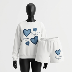 420 GSM Cotton Polyester Fleece White Heart <b>Patch</b> Sweatshirt <b>Short</b> Set Custom Logo Hoodie <b>Short</b> Set <b>men's</b> - Product Image 1