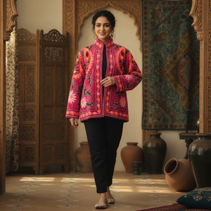 Pink Floral Hand Embroidery Bomber Jacket | Long Sleeve <b>Stand</b> Collar Women Outerwear Handmade Needle <b>Work</b> Masterpiece Jacket - Product Image 2