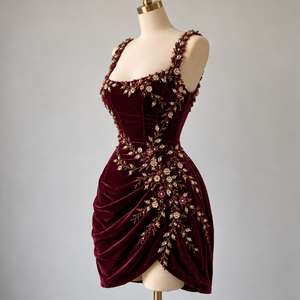 <b>Burgundy</b> <b>Velvet</b> Evening <b>Dress</b> Sleeveless Square Neck Rhinestone Floral Slip <b>Dress</b> for Party Wedding - Product Image 3