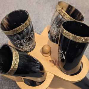 Organic Ox Horn Viking Horn <b>Beer</b> Mugs Set Hand-made Eco-friendly Gold Plated Rim Dishwasher Safe Marble Pattern Gift Box - Product Image 4