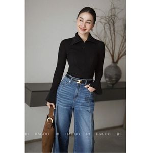 Q1001 Jeans à jambes larges et taille haute pour femmes, extensibles, décontractés, pour le bureau, pantalons de travail, prêts à être expédiés - Product Image 1
