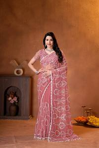 LD CREATION Modern <b>Net</b> Saree Hand Beads Sequence Pearl Embroidery Quick Dry Party Wear Wedding Saree Heavy Unstitched Blouse - Product Image 1