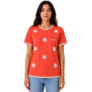 Camiseta de Mujer con Bordado Floral Coral, Ribete en Contraste Blanco, Cuello Redondo, Manga Corta, Estilo Casual, OEM, ODM, Ropa Personalizada - Product Image 1
