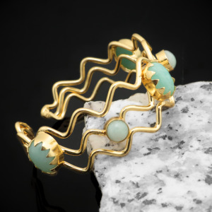 Fashion 18K Gold Plated Open <b>Cuff</b> Bangle with Natural Amazonite Stone | Wavy Design Adjustable Bangle Wholesale - Gift for her - Product Image 1