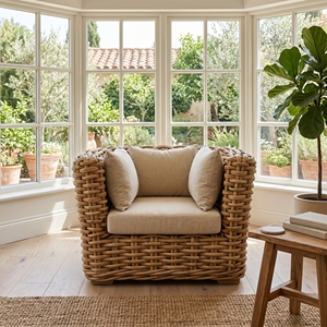 Sillón Surabaya con Estructura de Madera de Caoba, Media Silla de Ratán Pulido, Cojines Color Crema Dhapnie, Muebles de Exterior Premium para Patio - Product Image 4