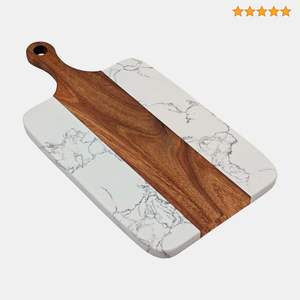 Planche à découper artisanale en marbre et bois, surface de préparation pour aliments, légumes, fruits, pain, fromage - Product Image 5