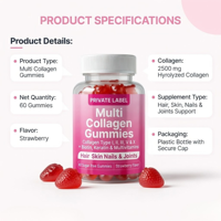 Fabricant OEM, étiquette privée, gommes multi-collagène, complément alimentaire avec biotine, kératine, multivitamines, saveur fraise