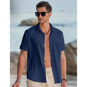 เสื้อเชิ้ตผู้ชายลำลองผ้าฝ้าย 100% แขนสั้นติดกระดุม สำหรับฤดูร้อน ชายหาด วันหยุดพักผ่อน เนื้อผ้ามีเท็กซ์เจอร์ มีกระเป๋า ไซส์ 6XL รับผลิตแบบ ODM - Product Image 4