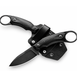 Cuchillos de caza compactos de hoja fija, completamente negros, con mango texturizado, anillo de sujeción trasero y funda negra para cinturón, para actividades al aire libre. - Product Image 6
