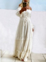 Robe Maxi en coton bio pour femmes, plage de sable paisible, style Boho, sans bretelles, taille Empire, avec décor en dentelle, été,