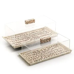 Support à gâteau moderne décoratif en nacre, plateau en coquillages à motifs floraux avec bouclier transparent, idéal pour les tables de desserts - Product Image 3