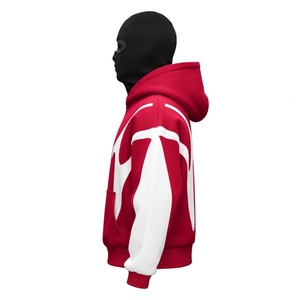 Sudadera con capucha y cremallera frontal personalizada ODM unisex, roja y blanca, con gráficos, estilo urbano, holgada, informal, a la moda, 100% algodón. - Product Image 6