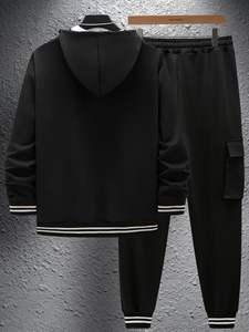 Ensemble haut et bas pour homme en coton/polyester, style automne décontracté, comprenant un sweat à capuche vintage délavé à l'acide et un pantalon de survêtement, style veste universitaire - Product Image 3