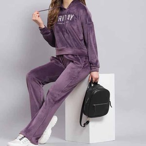 <b>Women</b> <b>Purple</b> Velvet <b>Tracksuit</b> Hooded Full Sleeve Casual Loose Fit With Letter Print Drawstring Waist Side Pockets Autumn Wear - Product Image 1