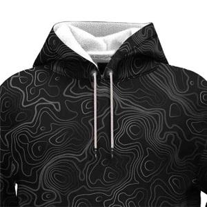 Sweat-shirt à capuche pour homme, imprimé topographique noir, coupe classique, en polyester tricoté, décontracté, avec poche et cordons de serrage blancs - Product Image 3