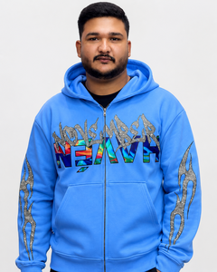 เสื้อฮู้ดซิปสีน้ำเงินสำหรับผู้ชาย ทรงโอเวอร์ไซส์ สไตล์สตรีทแวร์ พิมพ์ลาย DTG แขนยาวทรงปกติ ผ้าเฟรนช์เทอร์รี่ถัก เหมาะสำหรับฤดูใบไม้ร่วง - Product Image 2