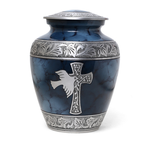 Urne funéraire Blue Cloud avec croix et oiseau gravés, urne commémorative pour adultes, urne pour cendres funéraires, urne souvenir - Product Image 1