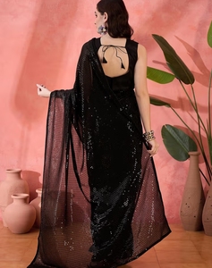 KV Black Sequinned Embellished <b>Saree</b> with Unstitched <b>Blouse</b> - Product Image 2