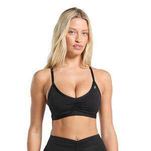 Sujetador Deportivo con Logotipo Personalizado para Mujer, Cuello en V, Fruncido, Nailon y Elastano, Tirantes Finos, Top de Yoga, Ropa Deportiva para Gimnasio, Color Negro Sólido - Product Image 1