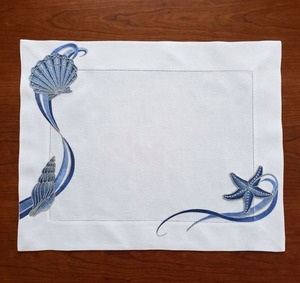 Custom Wholesale Luxury Embroidered Linen Blue Seashells <b>Placemats</b> Napkins Sets Washable Reuse White Linen Hemstitch Weddings - Product Image 2