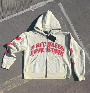 Custom Oversized Full Zip Hoodie 100% Cotton Heavyweight Fleece Puff Print Flame Graphic Streetwear Zip Up Hoodies for Men Women - Product Image 1
