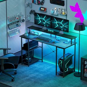 Distressed Black 55 \ "Omkeerbare Gaming Computerbureau Met Opbergstopcontacten En Ledverlichting - Product Image 2