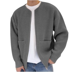 Cardigan en tricot gris pour homme, manches longues, couleur unie, fermeture éclair sur le devant, poche, pull d'automne - Product Image 3