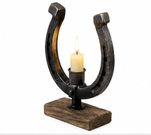 Equestrian <b>Horseshoe</b> Candle Holder Metal Rustic Tabletop Stand with Wooden Base Western Farmhouse Home Décor Centerpiece Stand - Product Image 5