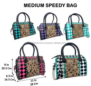 Bolso de Mano Mediano de Cuero Vacuno Hecho a Mano por Diseñador, con Patrón a Cuadros Azul Verdoso y Blanco, para Mujer, Tipo Bandolera - Product Image 2
