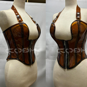 Corsé de PVC transparente marrón al por mayor con cuello halter y cremallera frontal |   Corsé de vinilo para discoteca - Product Image 4