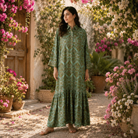 Robe longue kaftan de luxe en soie tissée, lavable et écologique, taille naturelle, vert olive, imprimé cachemire, fluide et bohème