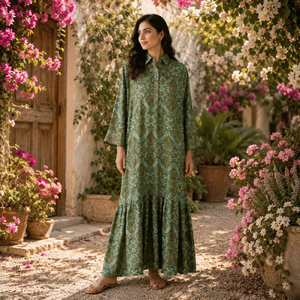 Robe longue kaftan de luxe en soie tissée, lavable et écologique, taille naturelle, vert olive, imprimé cachemire, fluide et bohème - Product Image 5