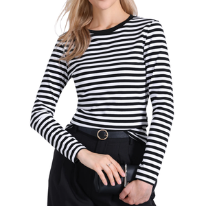 T-shirt décontracté pour femmes à rayures, col rond, manches longues, tissu extensible en coton et élasthanne, jersey doux, tissu rayé personnalisé - Product Image 2