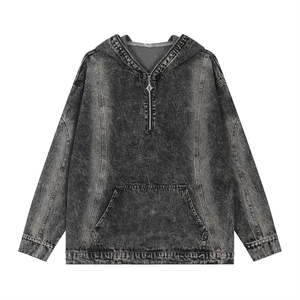 Veste en jean délavé pour homme avec capuche à motif de dessin animé, fermeture éclair quart de tour, 100 % coton, vêtement d'extérieur décontracté pour l'automne. - Product Image 3