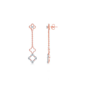Elegant Rose Gold Floral Clover Drop <b>Earrings</b> with Sparkling Round Stone Accents Long Chain <b>Dangle</b> Fashion Jewelry for Women - Product Image 1