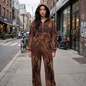 Conjunto Deportivo con Capucha y Cremallera para Mujer, Estilo Y2K, Estampado Tribal de Llamas Tie Dye, Traje Casual de Longitud Completa - Product Image 5