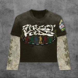 T-shirt vintage pour homme à manches longues double couche, délavé à l'acide, effet vieilli, avec logo personnalisé sérigraphié, en coton coupe ample - Product Image 5