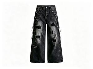 Jean en denim déchiré à jambe large, taille haute, style streetwear, en coton, pour homme, coupe ample, mode automne - Product Image 2