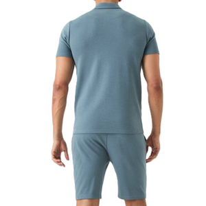 Ensemble 2 pièces bleu pour homme : Polo à manches courtes zippé et short – Tenue streetwear d'été personnalisable avec logo – Dernier style respirant - Product Image 2